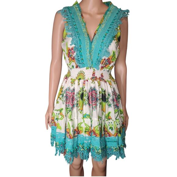 Antica Sartoria Dresses & Skirts - Antica Sartoria Dress 2024 One Size Cotton Boho Positano Aqua Fringe Mini Resort